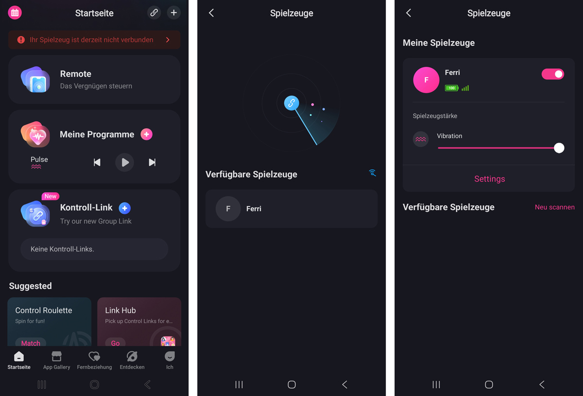 Screenshot der Lovense App bei der Ersteinrichtung des Ferri