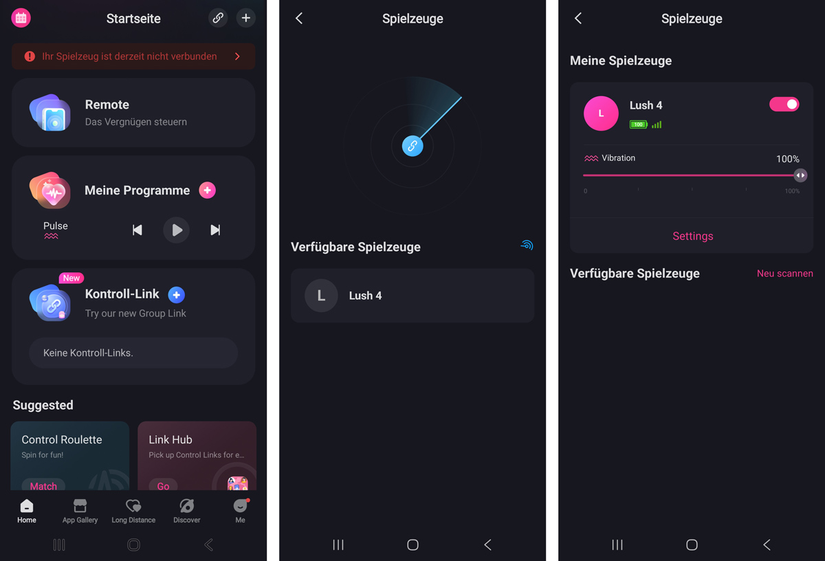 Screenshot der Lovense Remote App bei der Ersteinrichtung des Lush 4