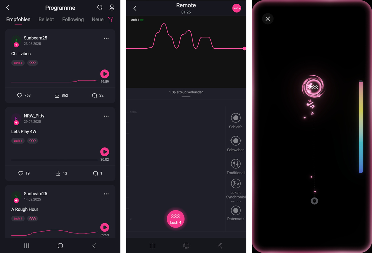 Screenshot der Lovense Remote App mit Programmauswahl, Mustererstellung und Live-Steuerung