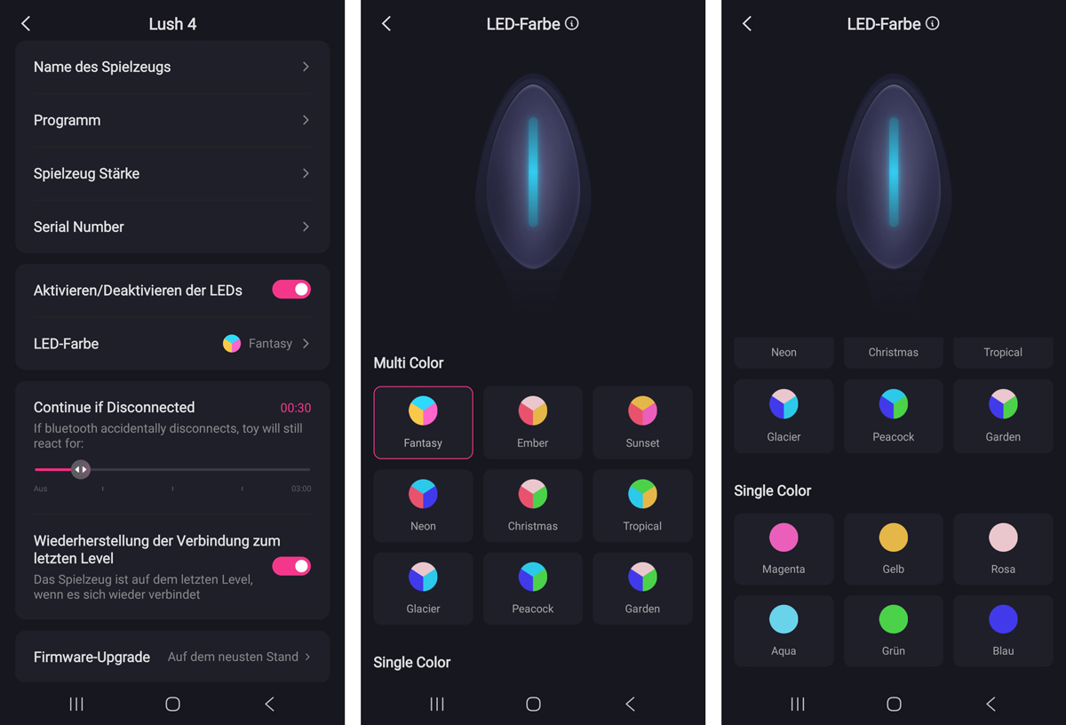 LED-Optionen des Lush 4 in der App